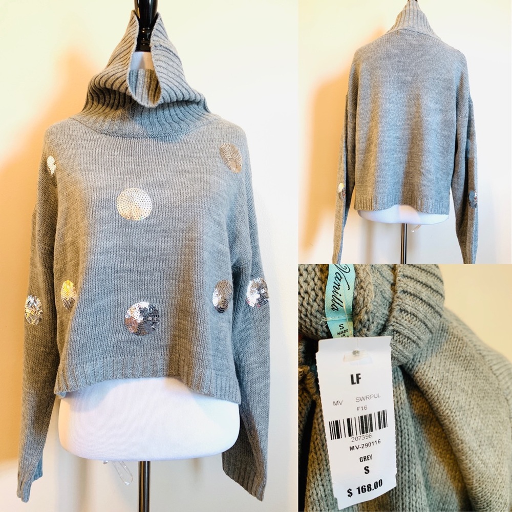 NWT LF GRAY SEQUIN CROP TOP SWEATER -S